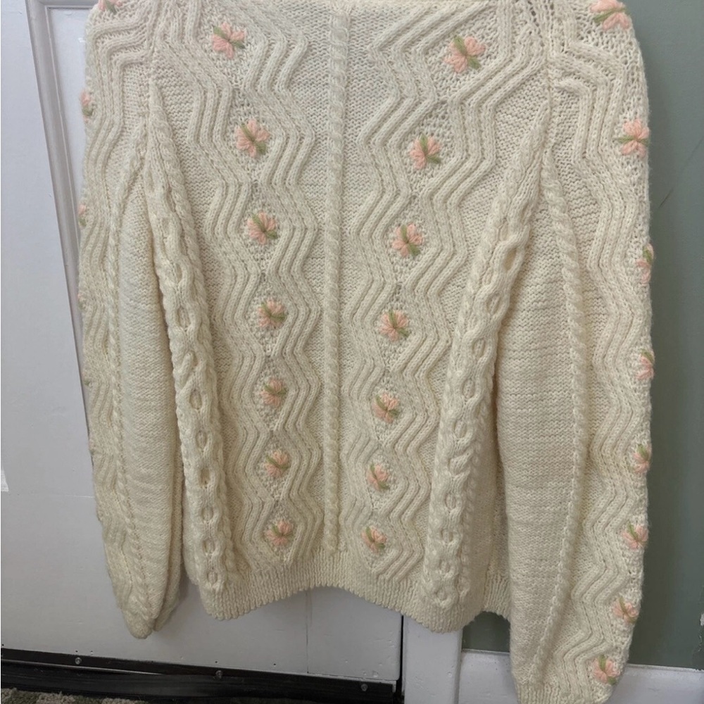 Hand knitted with roses Cozy Cream Cable Knit Sweater